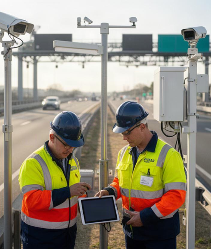 Ingenieurteam bei der Inbetriebnahme einer Mautstelle an einer mehrspurigen Straße