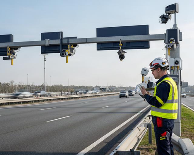 Techniker prüft eine Mautanlage an einer mehrspurigen Straße bei Tageslicht